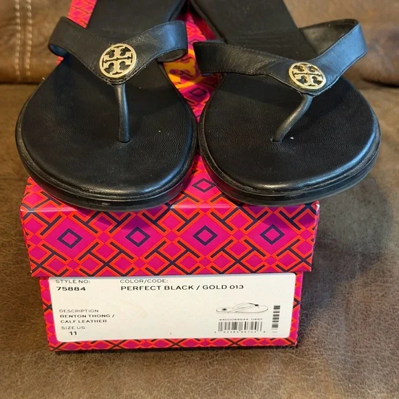 Tory Burch Black Sandals with Gold Accent - Picture 2 of 4
